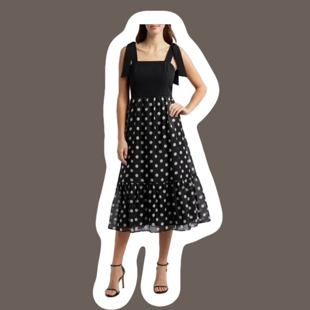 Anne Klein Size 10 Midi Black White Polka Dot Dress Bow Strap Detail NWT
